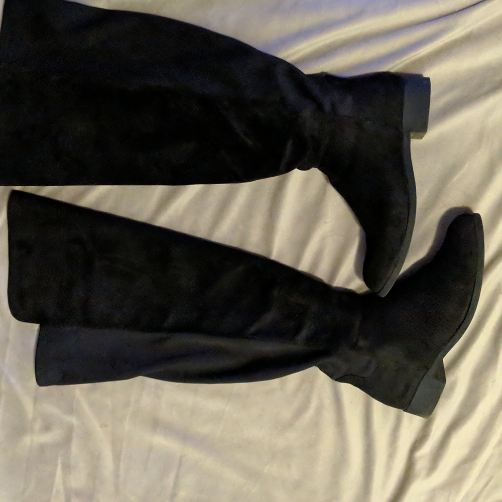 Over the knee black suede pull on extra wide calf boots